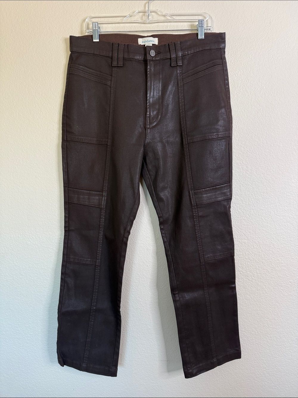 Sundance coated cargo pants women's Dark Brown waxed Straight Jeans sz 32 EUC